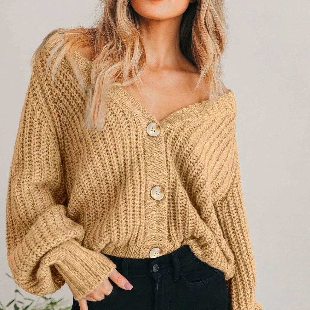 Women's Chunky Knit Cardigan – Oversized Balloon-Sleeve V-Neck