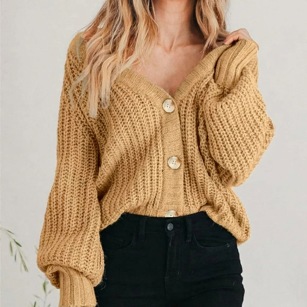 Women's khaki chunky knit oversized balloon-sleeve cardigan