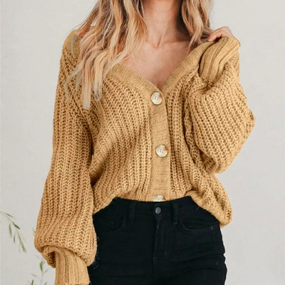 Women's Chunky Knit Cardigan – Oversized Balloon-Sleeve V-Neck