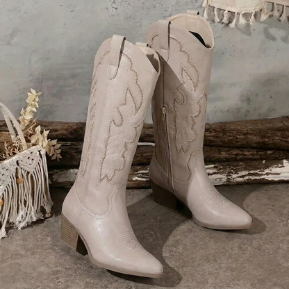Women's Cowgirl Boots – Embroidered Block-Heel Knee-High Boots