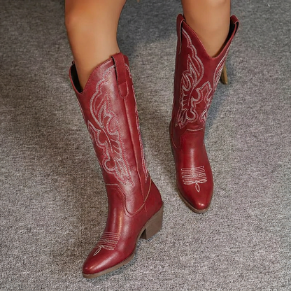 Women's Cowgirl Boots – Embroidered Block-Heel Knee-High Boots