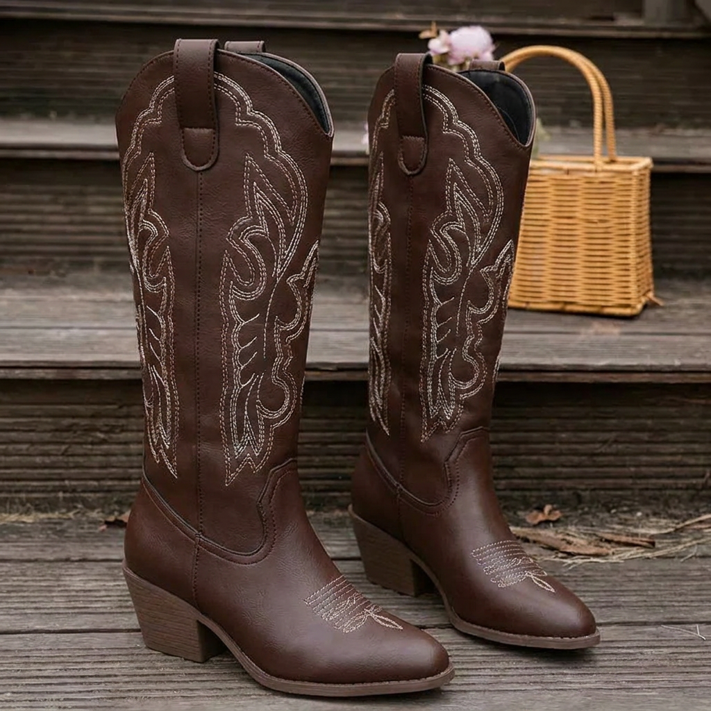 Women's Cowgirl Boots – Embroidered Block-Heel Knee-High Boots