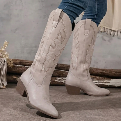 Women's Cowgirl Boots – Embroidered Block-Heel Knee-High Boots