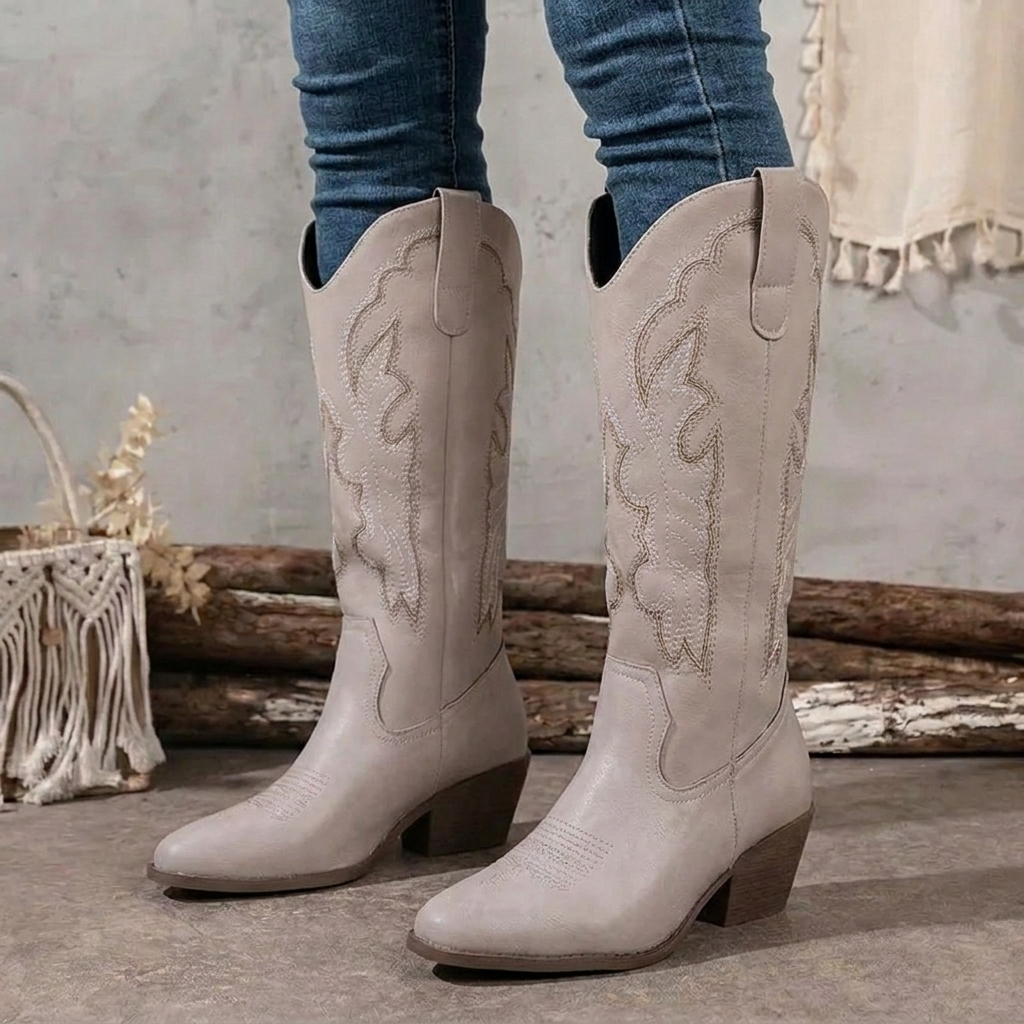 Women's Cowgirl Boots – Embroidered Block-Heel Knee-High Boots