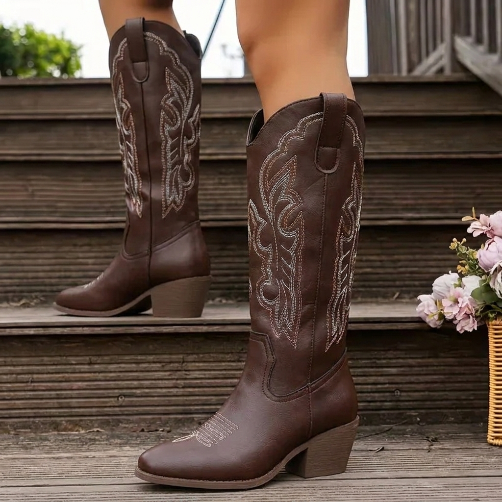 Women's brown embroidered block-heel cowgirl knee-high boots