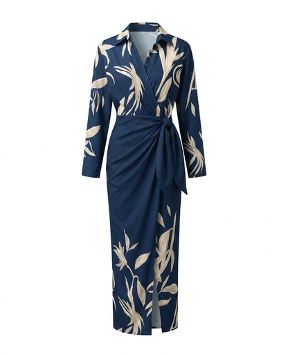 Women's leaf-print wrap dress in blue