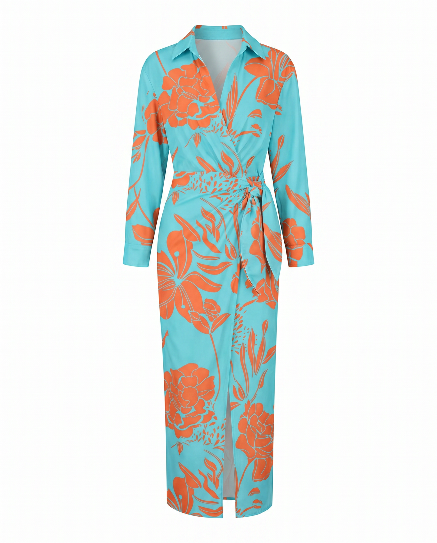 Women's leaf-print wrap dress in light blue