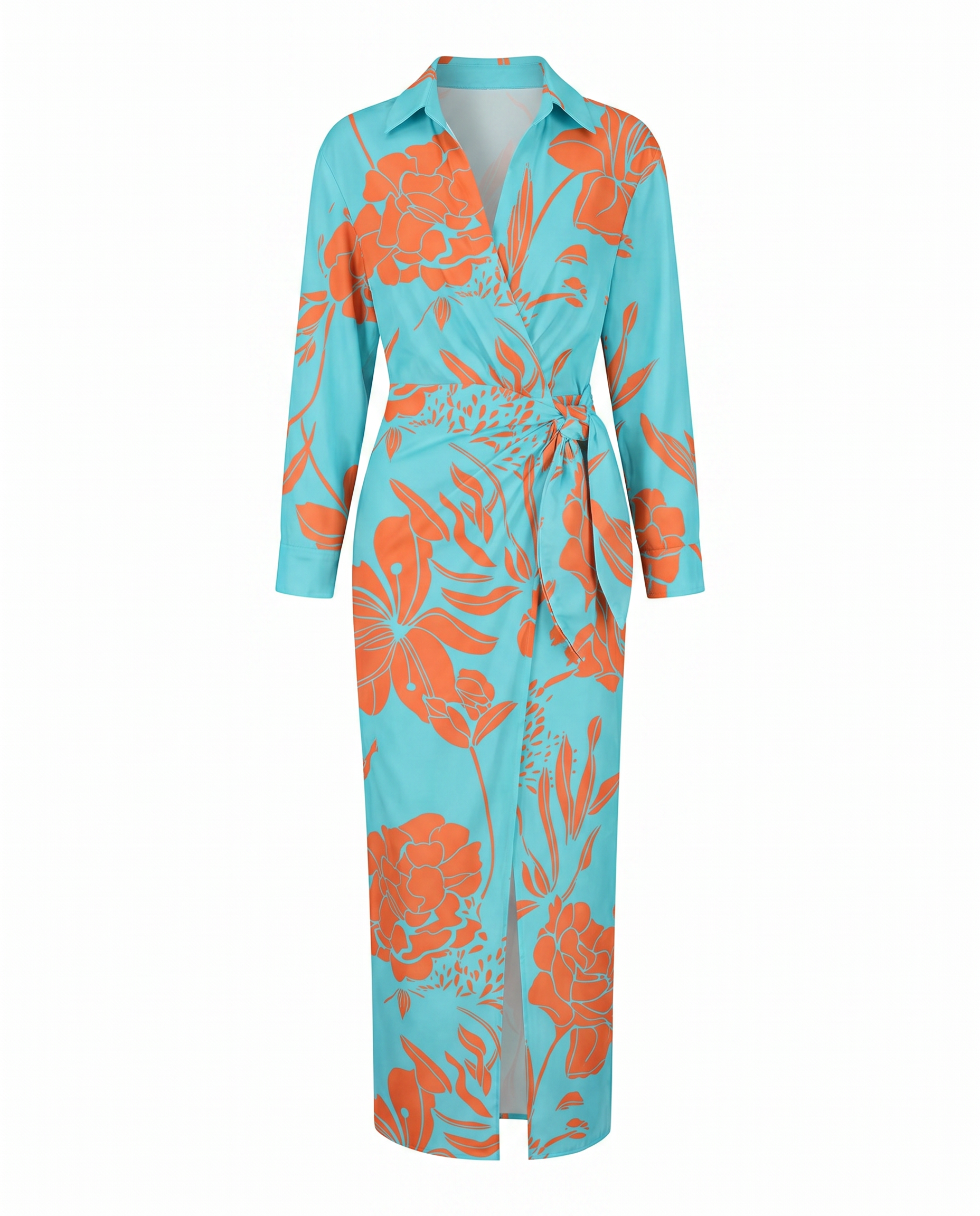 Women's leaf-print wrap dress in light blue