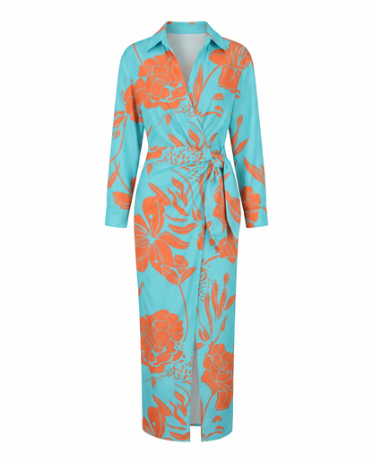 Women's leaf-print wrap dress in light blue