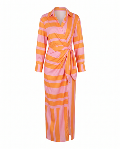 Women's leaf-print wrap dress in orange