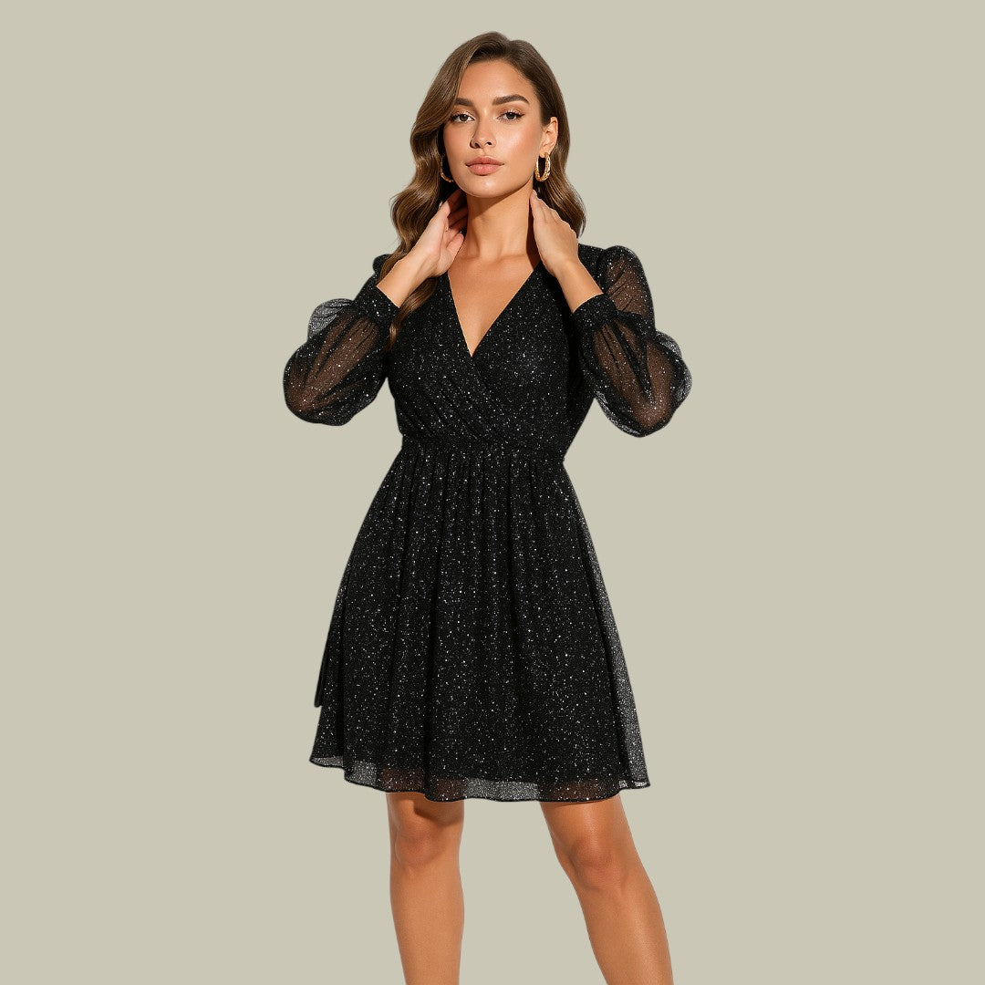 Women's Glitter Mesh Dress – Sparkly V-Neck Long-Sleeve Mini