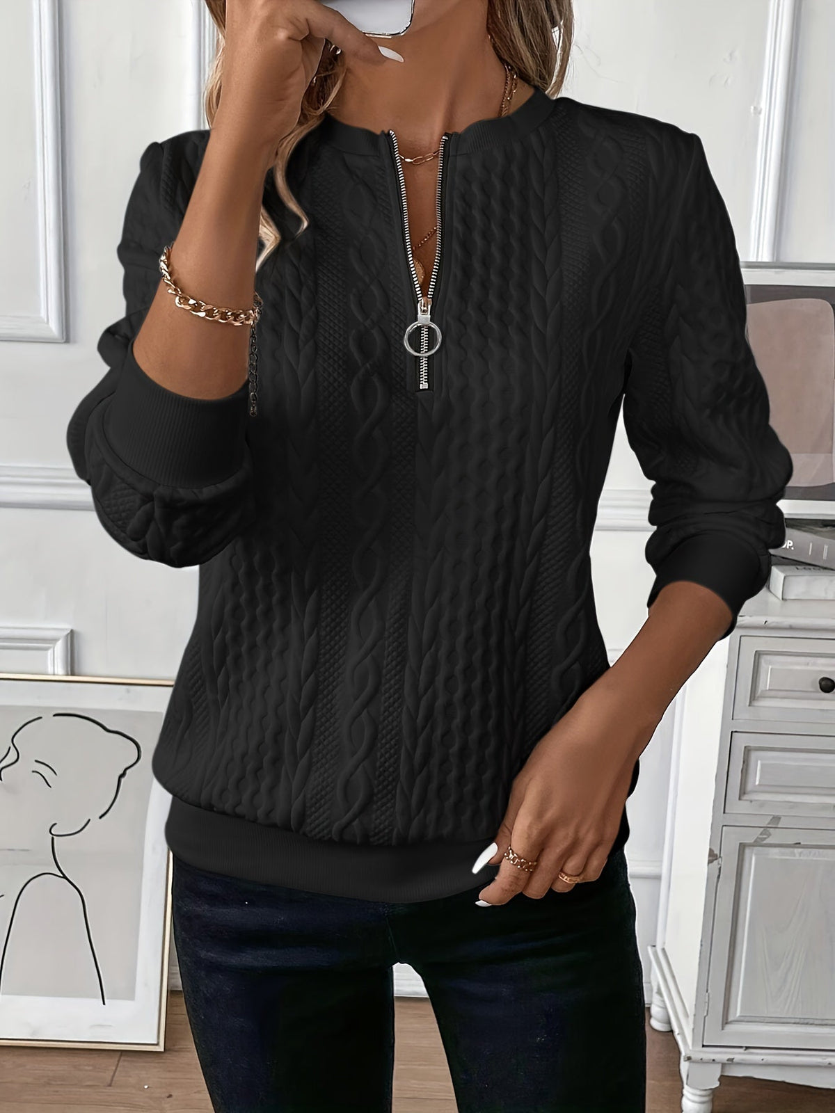 Women's Half-Zip Jumper – Cable Knit Ribbed-Hem Pullover