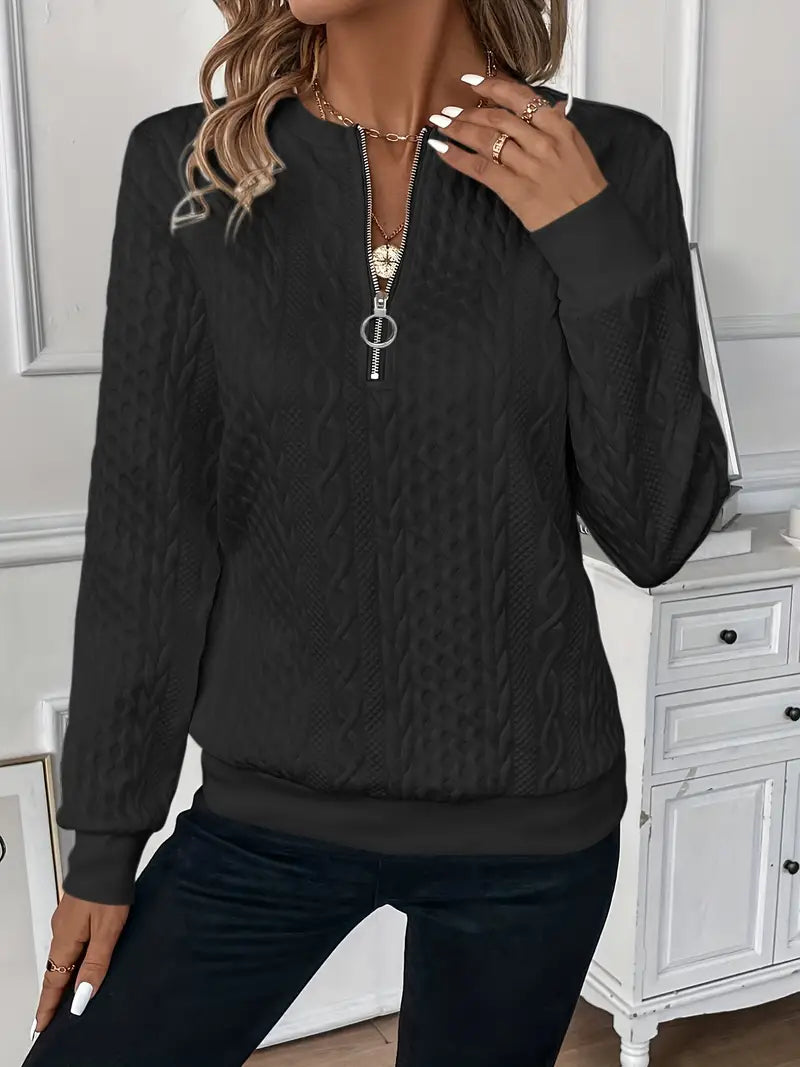 Women's Half-Zip Jumper – Cable Knit Ribbed-Hem Pullover