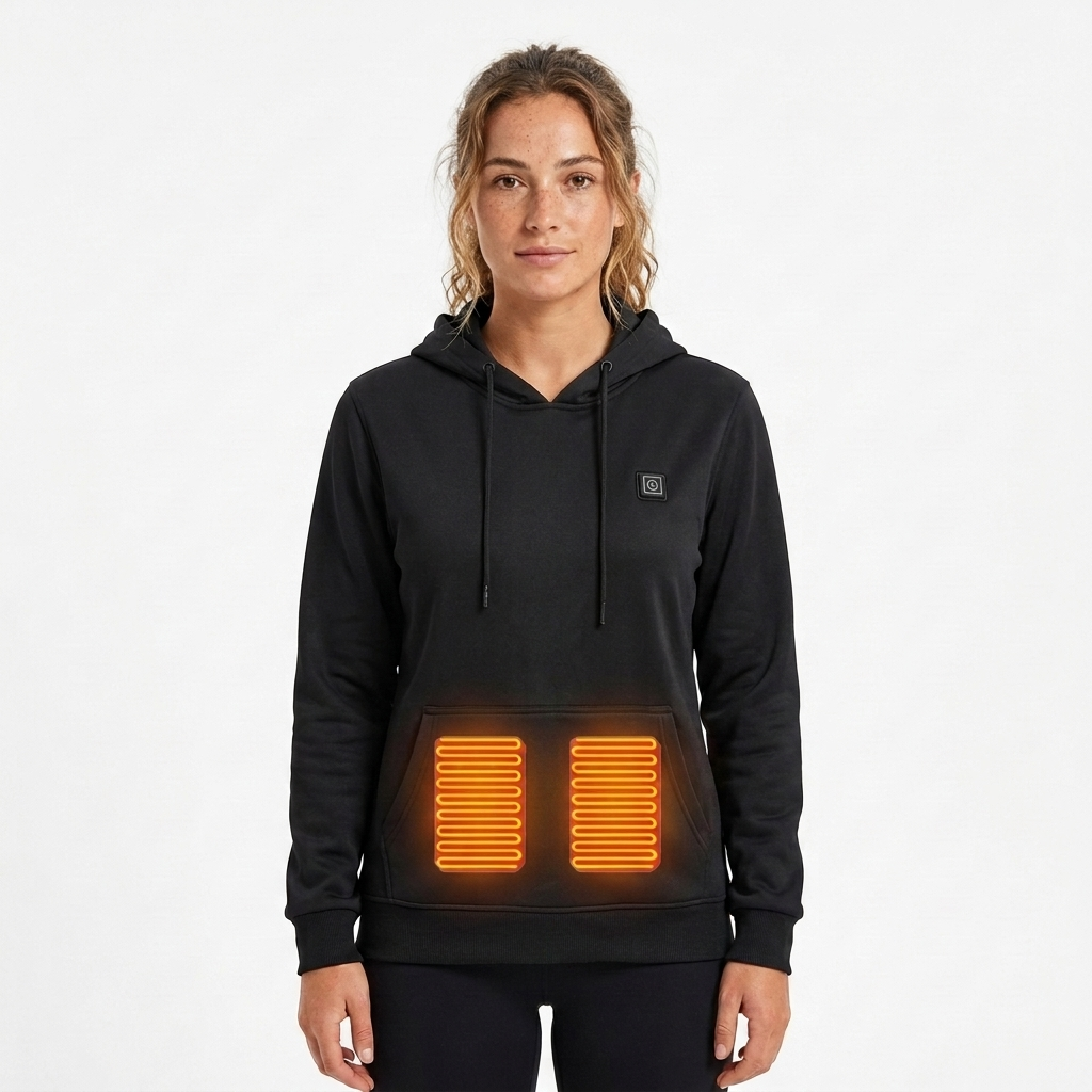 Women's black hooded heated jacket with warming zones