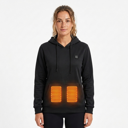 Women's black hooded heated jacket with warming zones