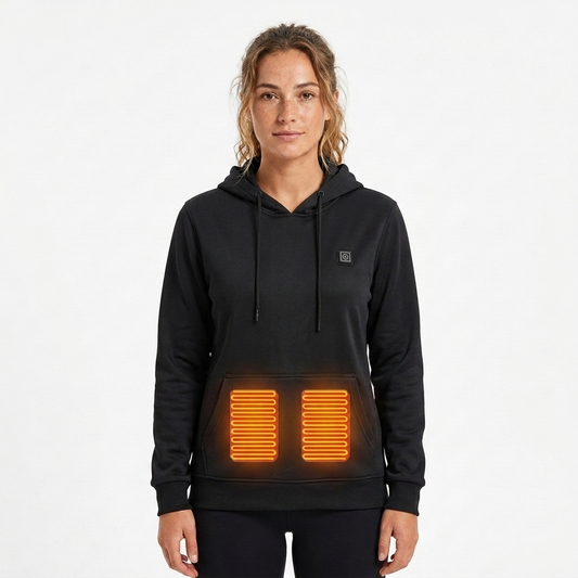 Women's black hooded heated jacket with warming zones