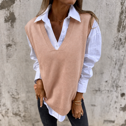 Women's peach oversized deep V-neck knitted sweater vest