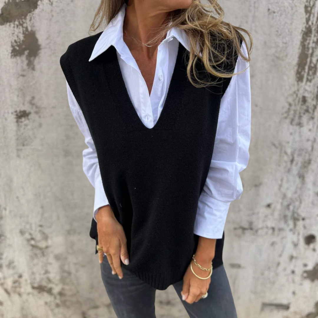 Women's Knitted Vest – Oversized Deep V-Neck Sweater Vest