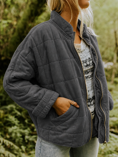 Women's Quilted Jacket – Zip-Front Short Casual Jacket