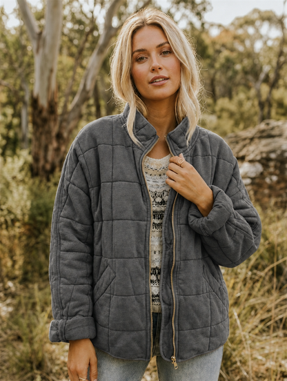 Women's dark grey quilted zip-front short jacket